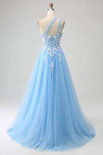 Splendida linea una spalla blu chiaro abito lungo in tulle prom con applicazioni